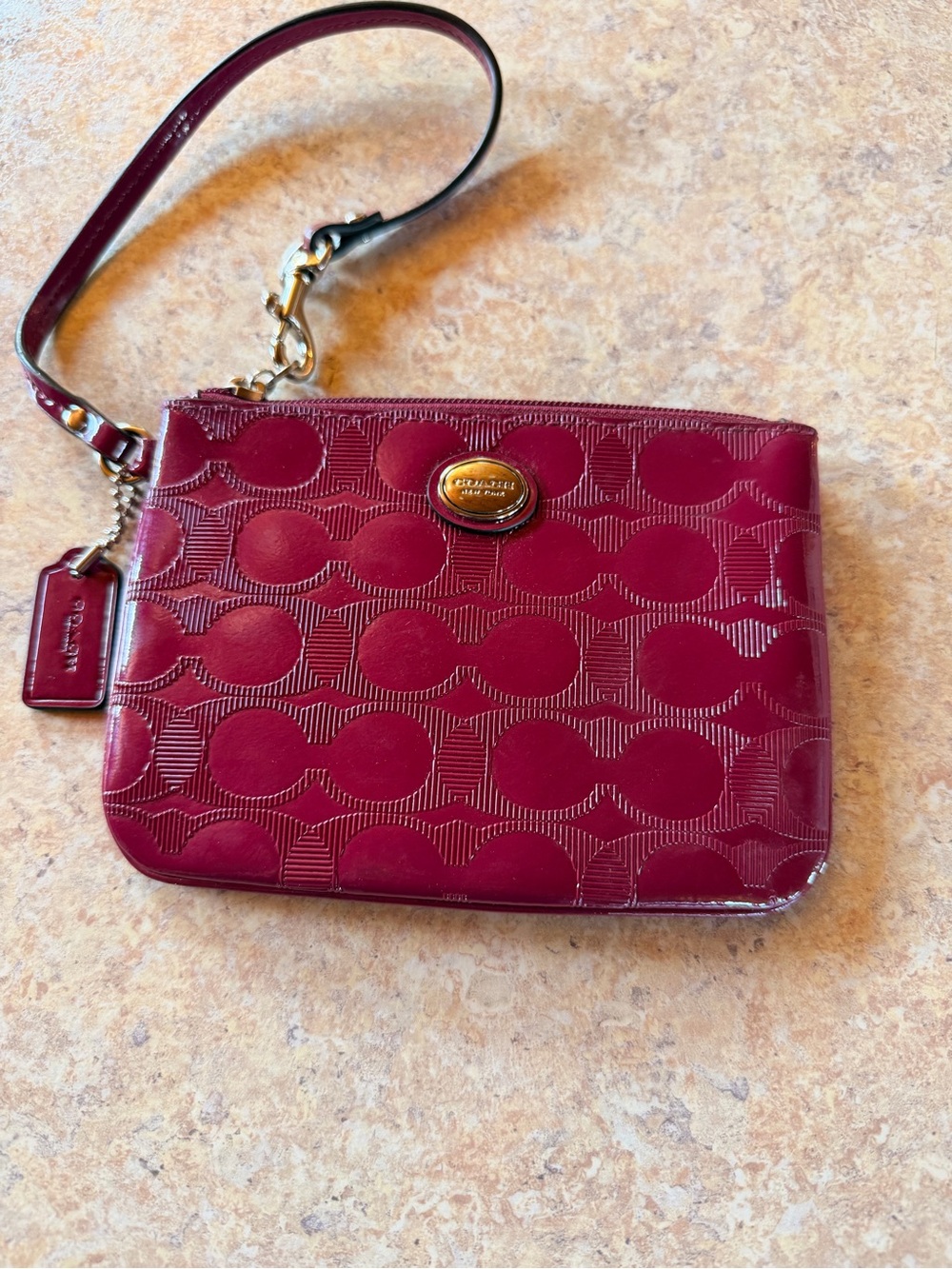 Coach Patent Signature Wristlet in Burgundy Red